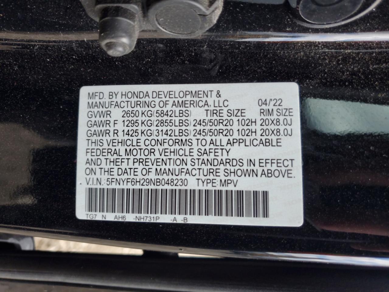 2022 Honda Pilot Se VIN: 5FNYF6H29NB048230 Lot: 71495635