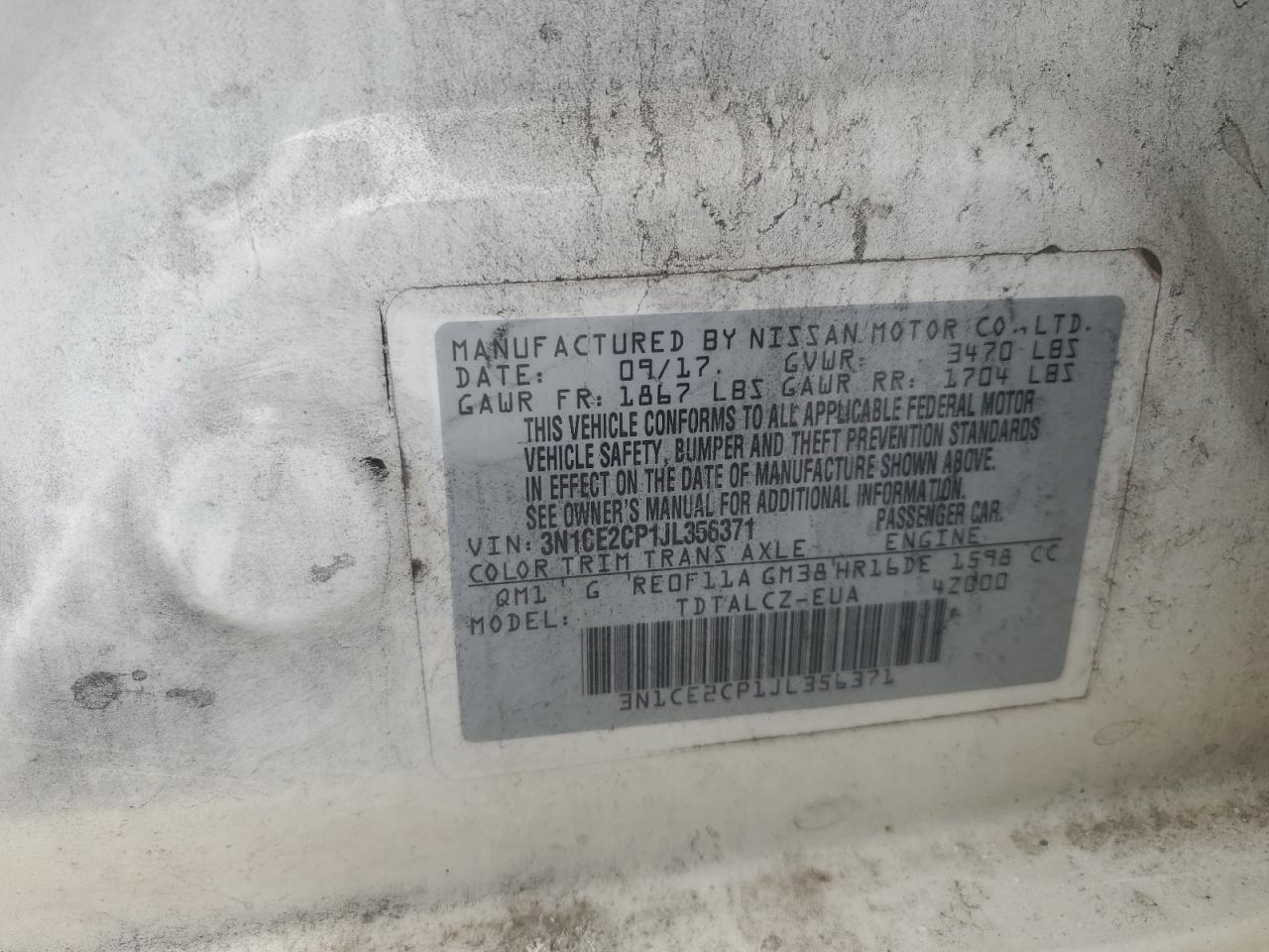 2018 Nissan Versa Note S VIN: 3N1CE2CP1JL356371 Lot: 82070575