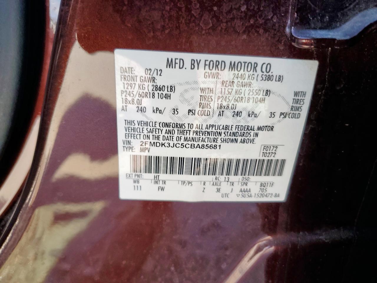 2012 Ford Edge Sel VIN: 2FMDK3JC5CBA85681 Lot: 82045235