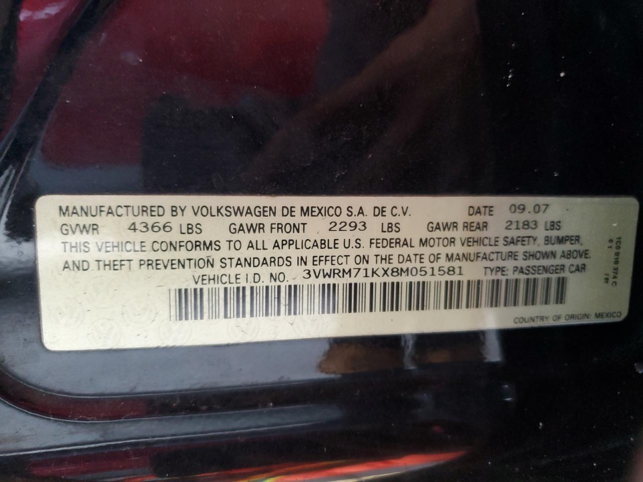 2008 Volkswagen Jetta Se VIN: 3VWRM71KX8M051581 Lot: 81192995