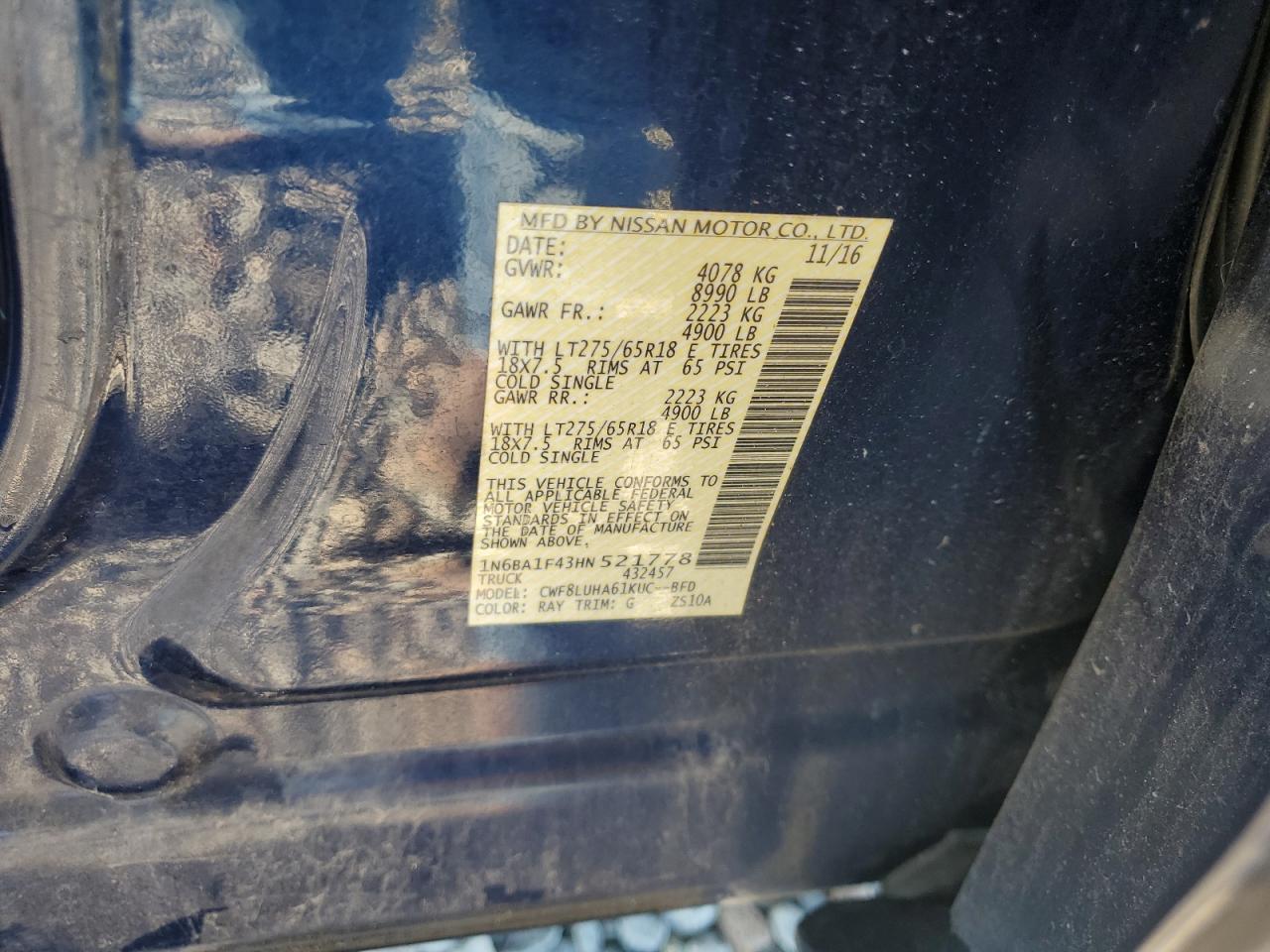 2017 Nissan Titan Xd Sl VIN: 1N6BA1F43HN521778 Lot: 83989625