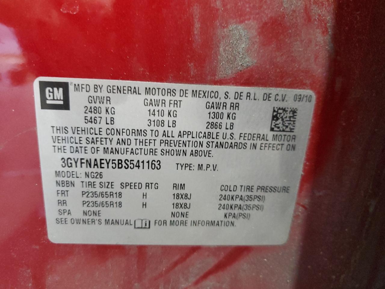 2011 Cadillac Srx Luxury Collection VIN: 3GYFNAEY5BS541163 Lot: 72039685