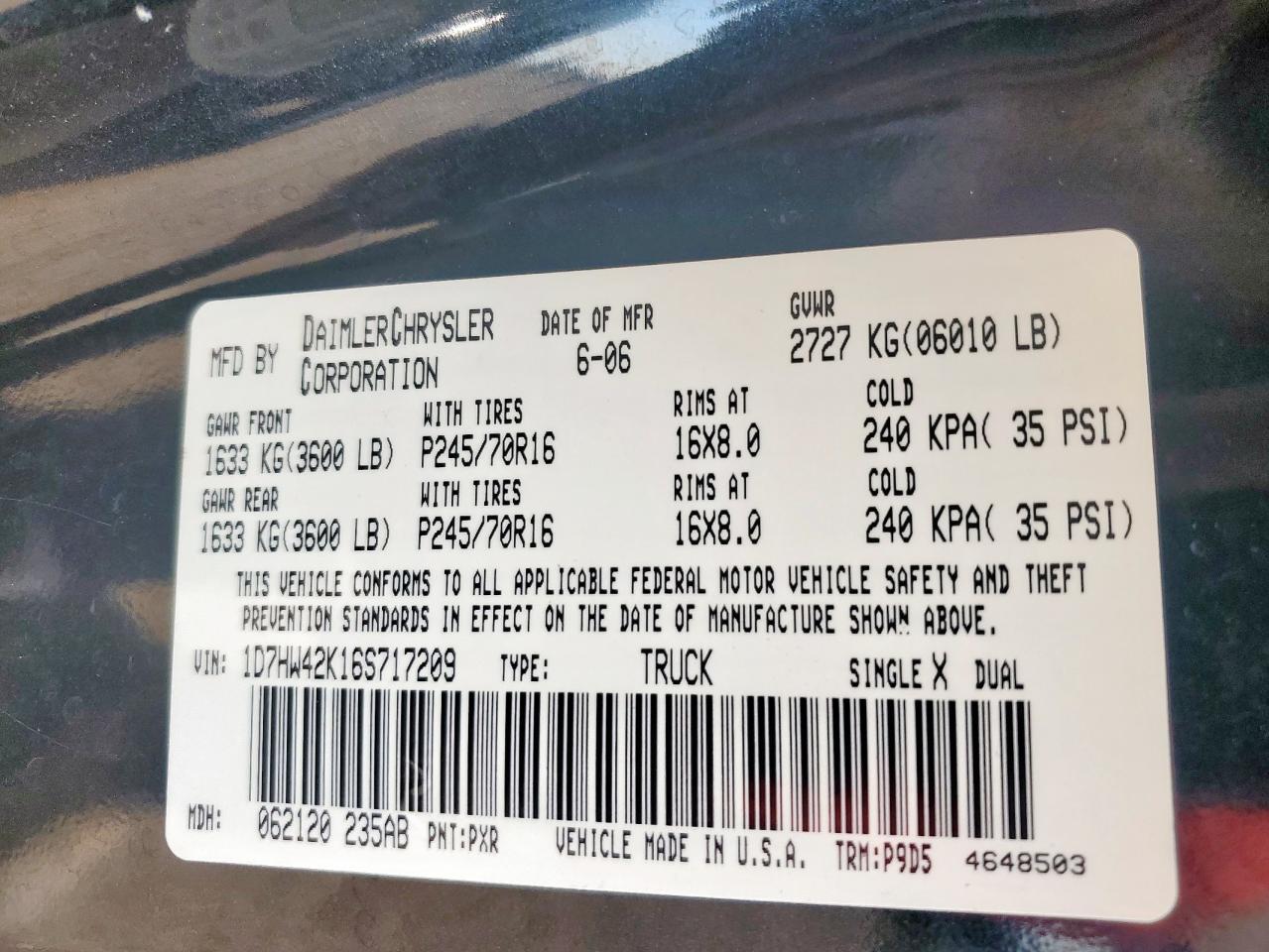 2006 Dodge Dakota Slt VIN: 1D7HW42K16S717209 Lot: 71925075