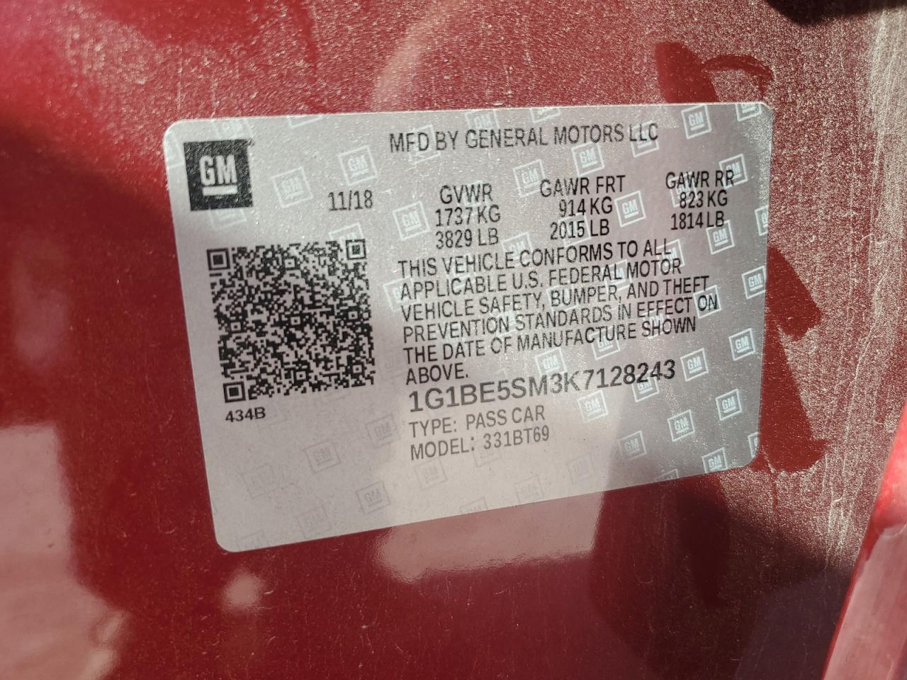 2019 Chevrolet Cruze Lt VIN: 1G1BE5SM3K7128243 Lot: 81875865