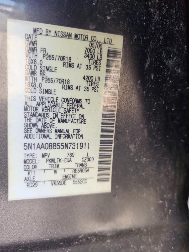 2005 Nissan Armada VIN: 5N1AA08B55N731911 Lot: 80377575