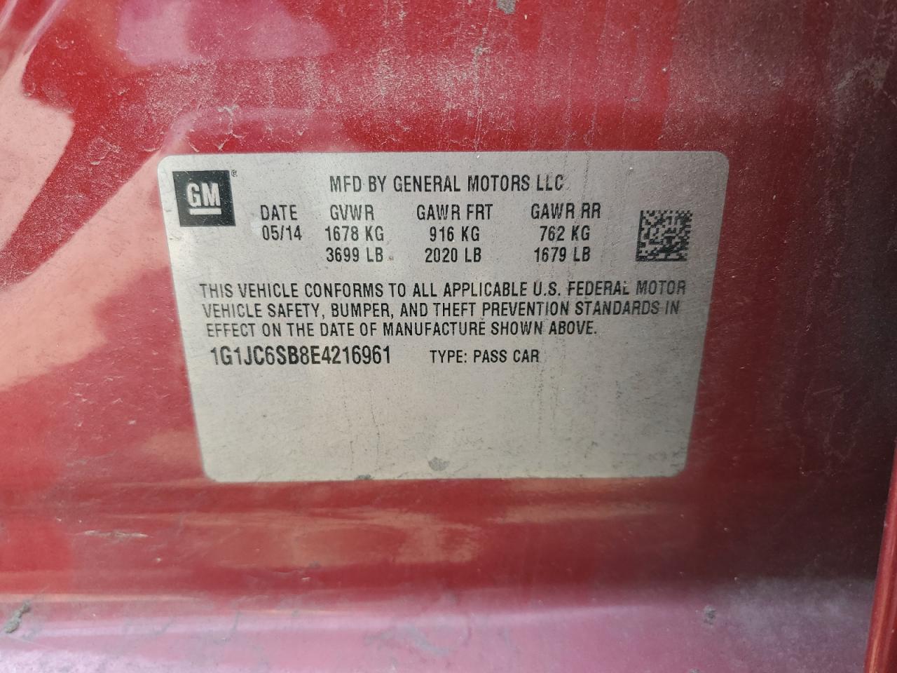 2014 Chevrolet Sonic Lt VIN: 1G1JC6SB8E4216961 Lot: 80460645