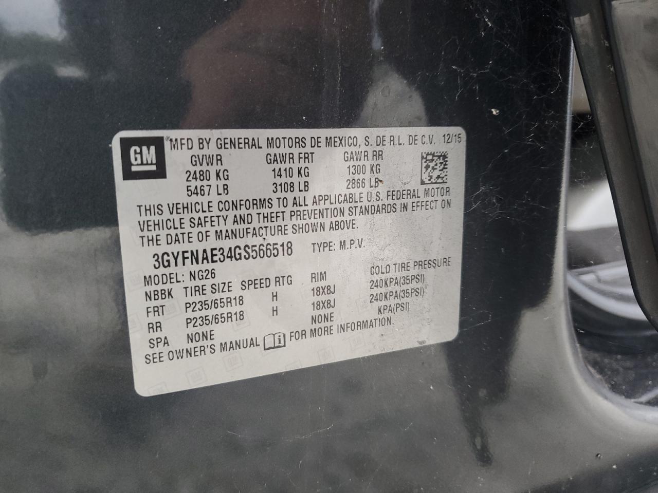 2016 Cadillac Srx VIN: 3GYFNAE34GS566518 Lot: 84560795