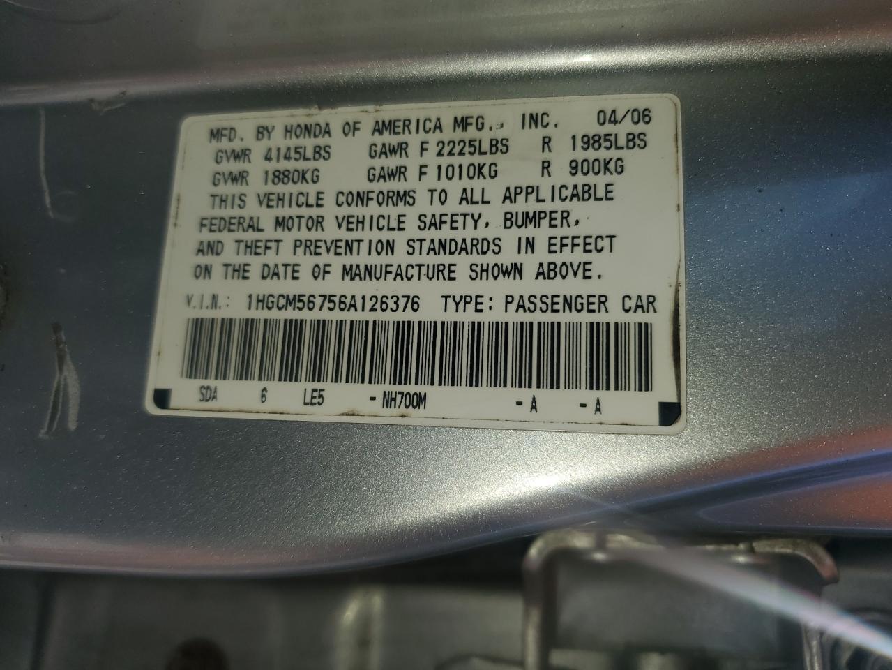 2006 Honda Accord Ex VIN: 1HGCM56756A126376 Lot: 81886355