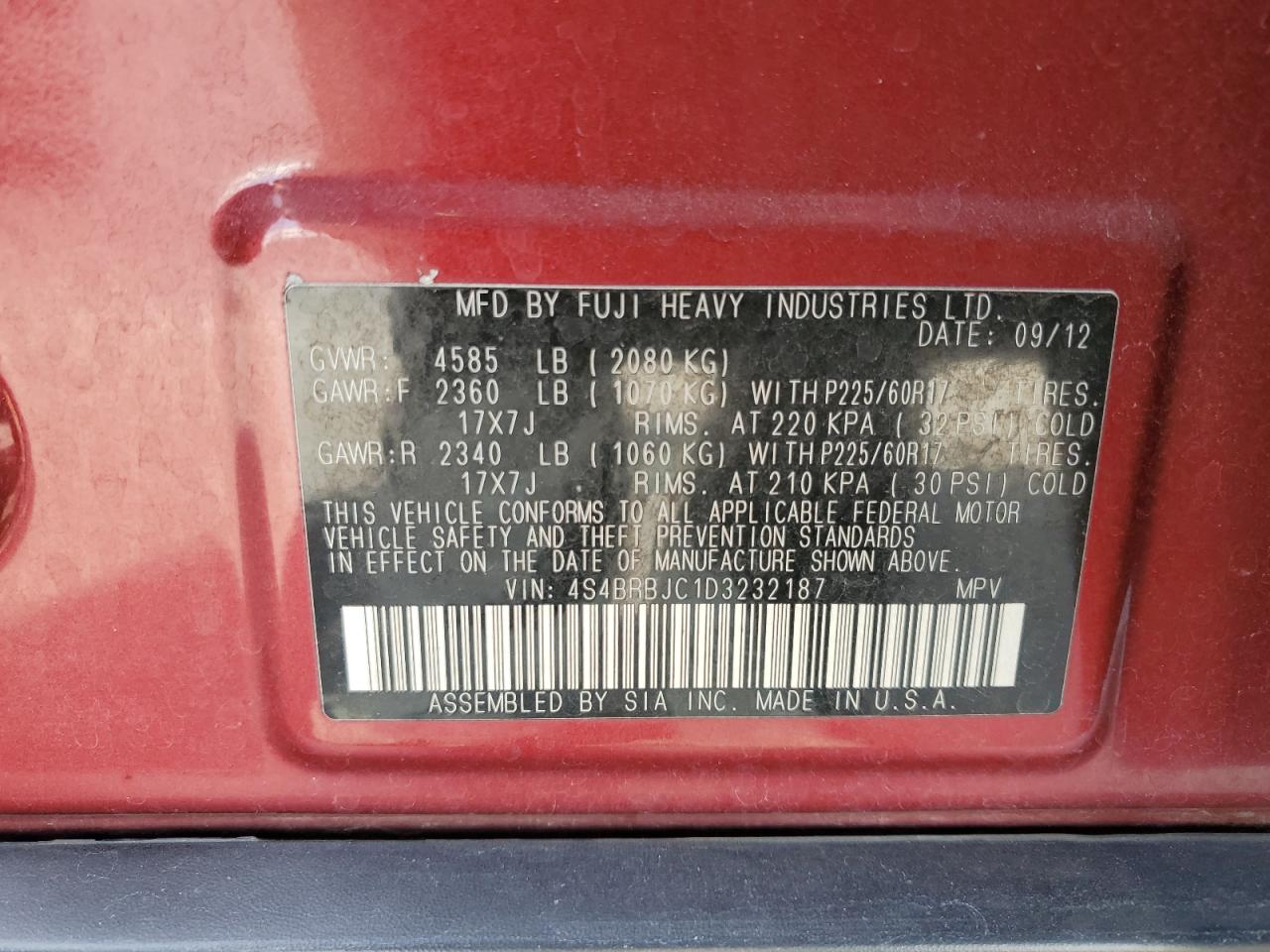 2013 Subaru Outback 2.5I Limited VIN: 4S4BRBJC1D3232187 Lot: 80014175