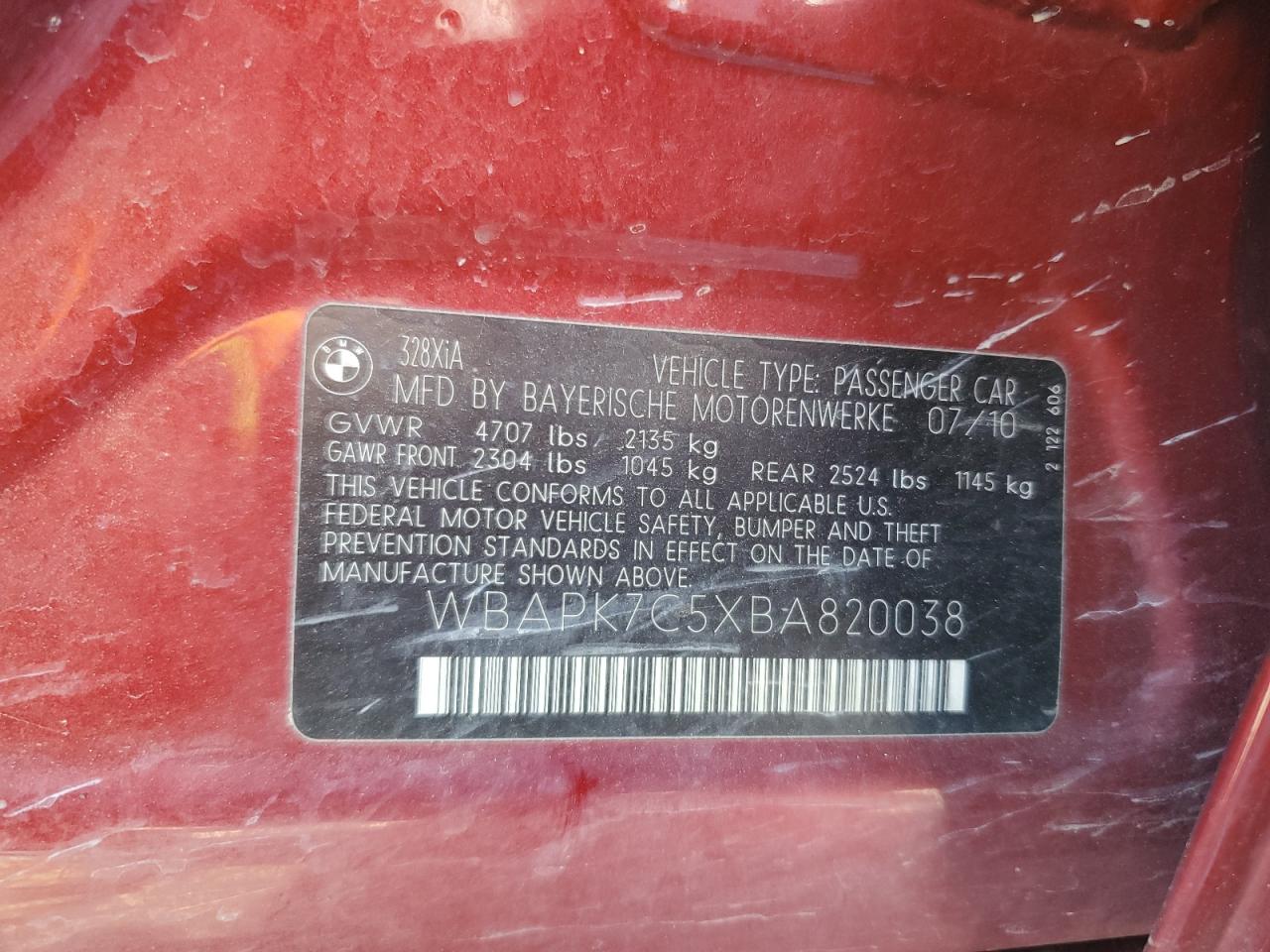 2011 BMW 328 Xi VIN: WBAPK7C5XBA820038 Lot: 70814335