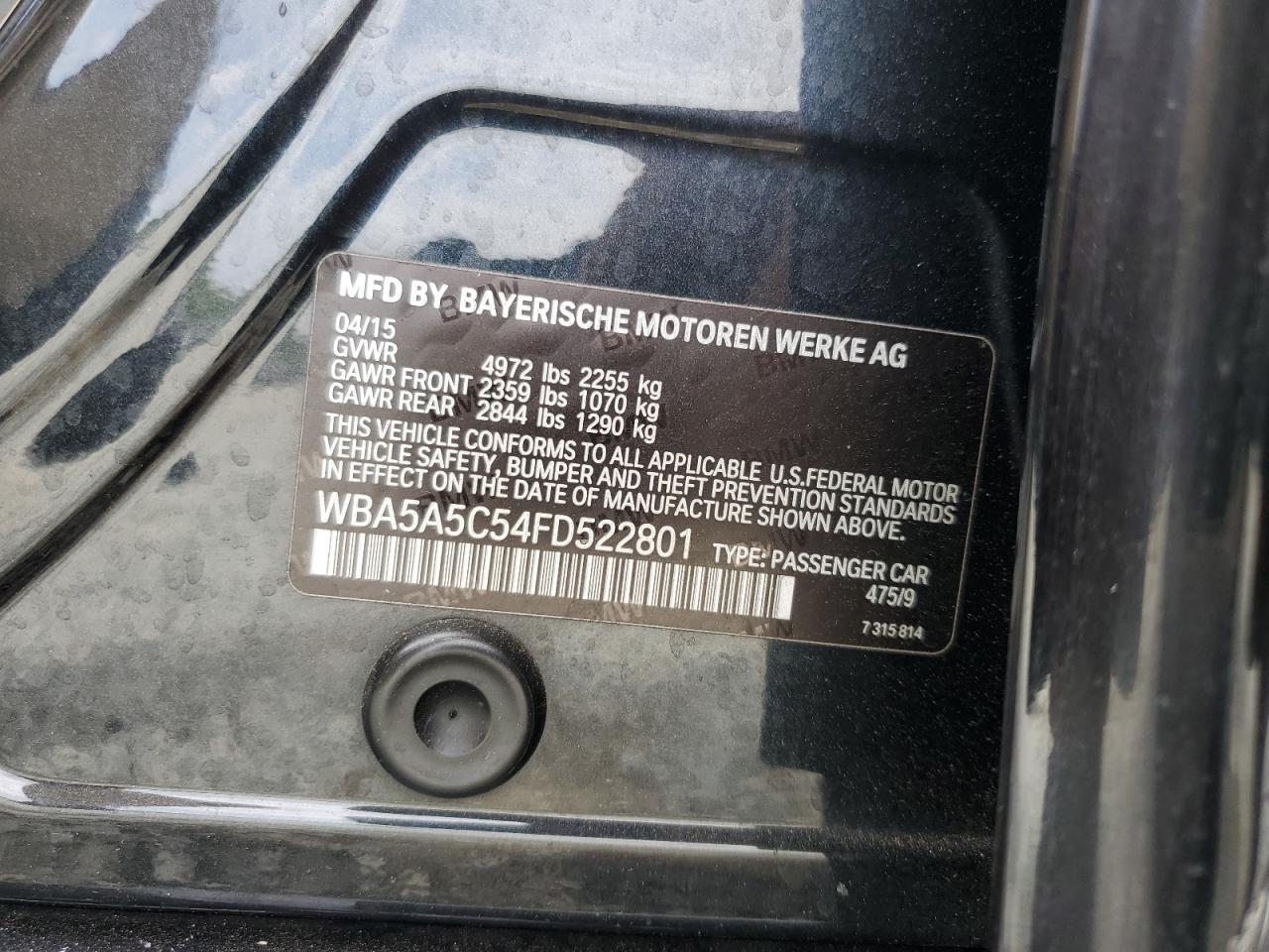 2015 BMW 528 I VIN: WBA5A5C54FD522801 Lot: 81529765