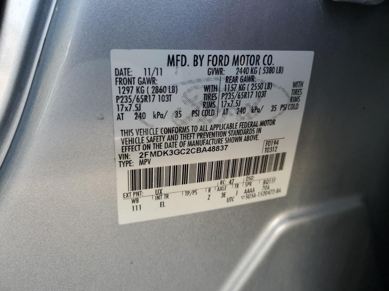 2012 Ford Edge Se VIN: 2FMDK3GC2CBA48837 Lot: 94926815