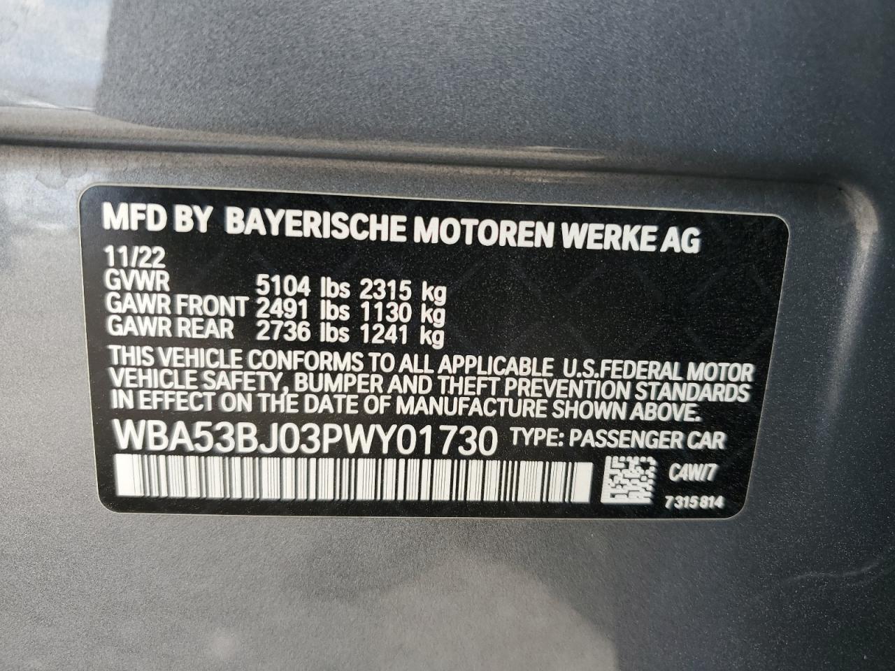 2023 BMW 540 I VIN: WBA53BJ03PWY01730 Lot: 71556975