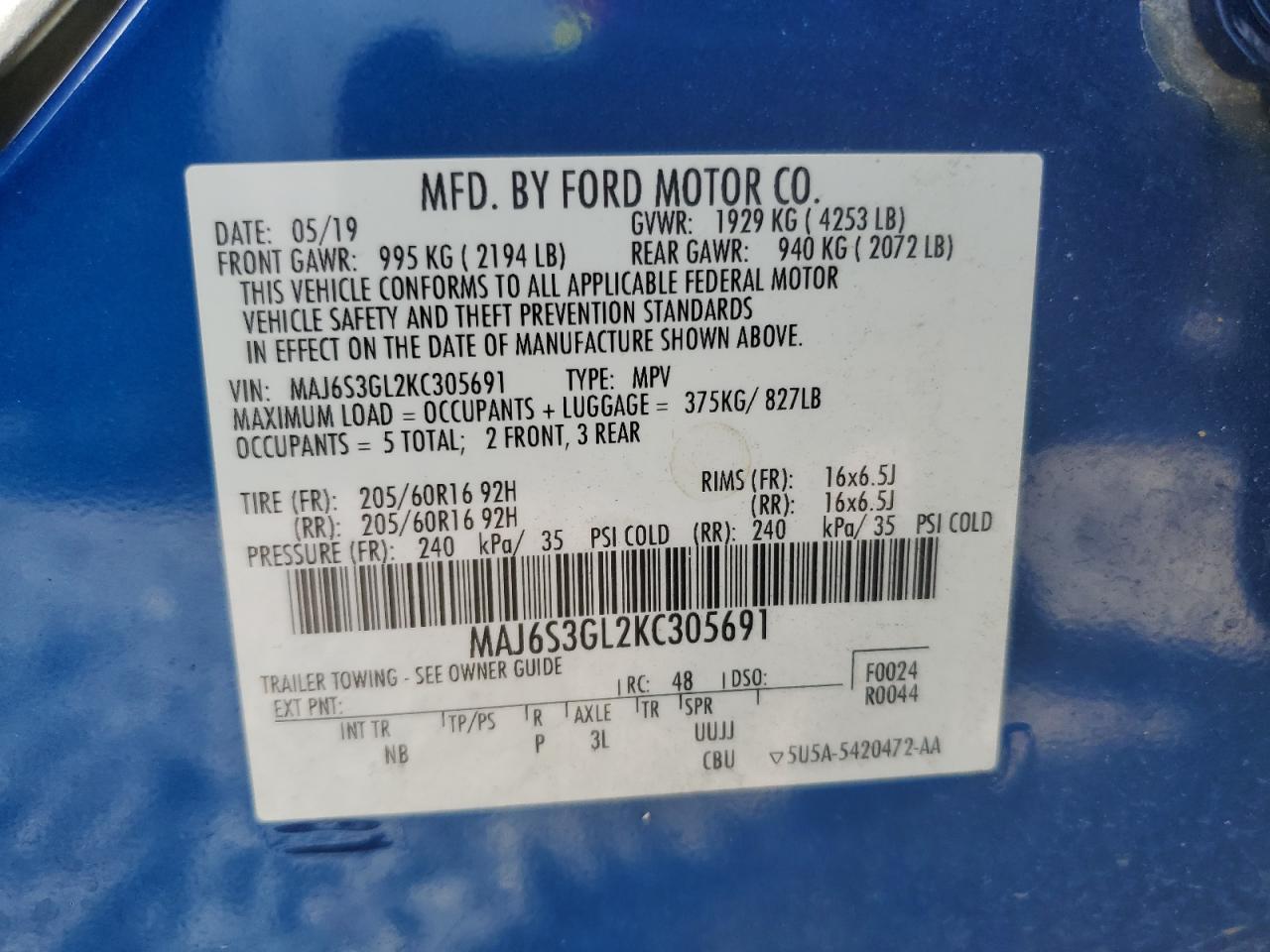 2019 Ford Ecosport Se VIN: MAJ6S3GL2KC305691 Lot: 84257405