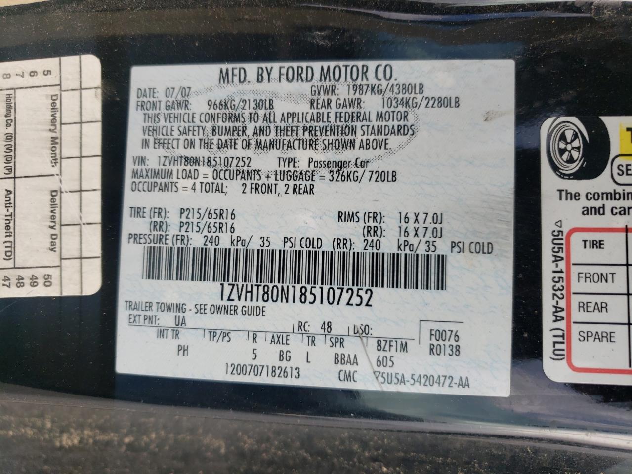 2008 Ford Mustang VIN: 1ZVHT80N185107252 Lot: 81266115