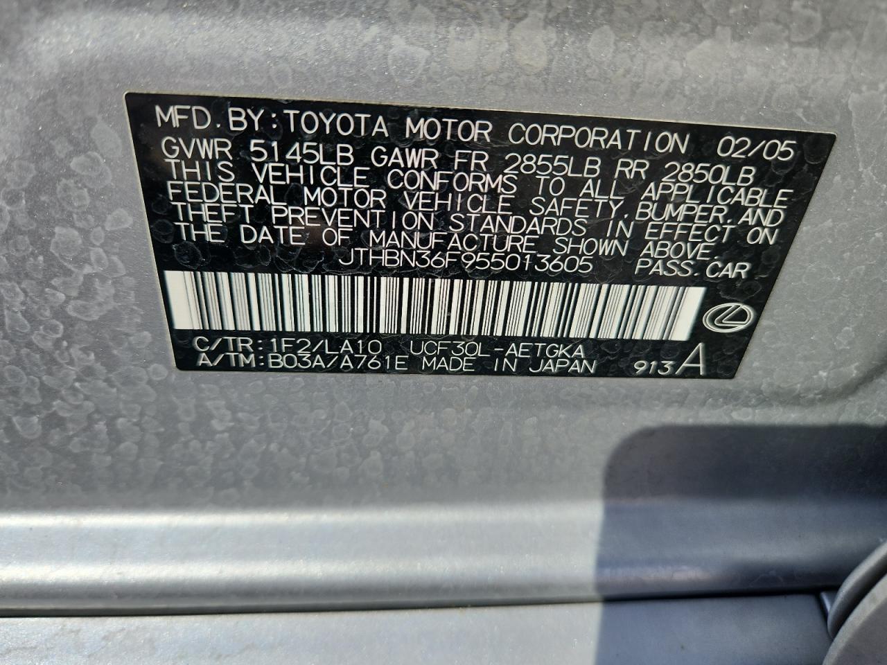 2005 Lexus Ls 430 VIN: JTHBN36F955013605 Lot: 81047985