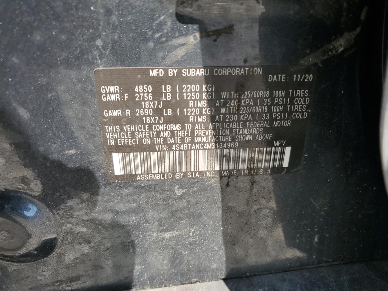 2021 Subaru Outback Limited VIN: 4S4BTANC4M3134969 Lot: 71749845