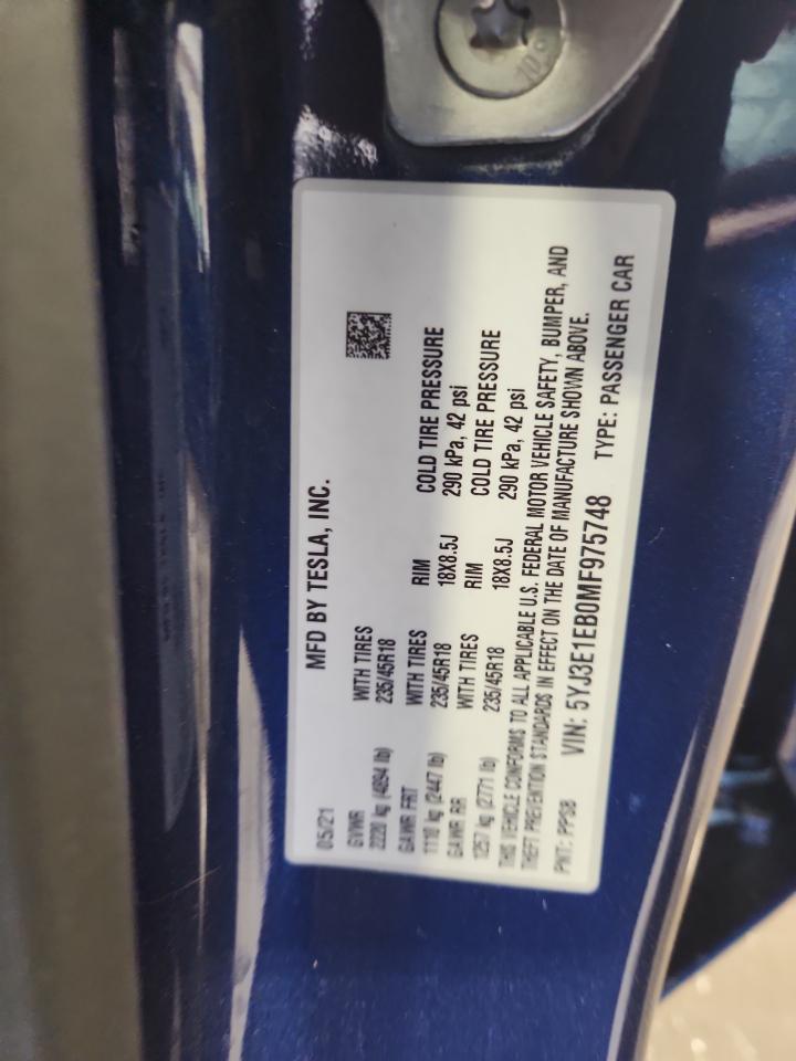 2021 Tesla Model 3 VIN: 5YJ3E1EB0MF975748 Lot: 80466375