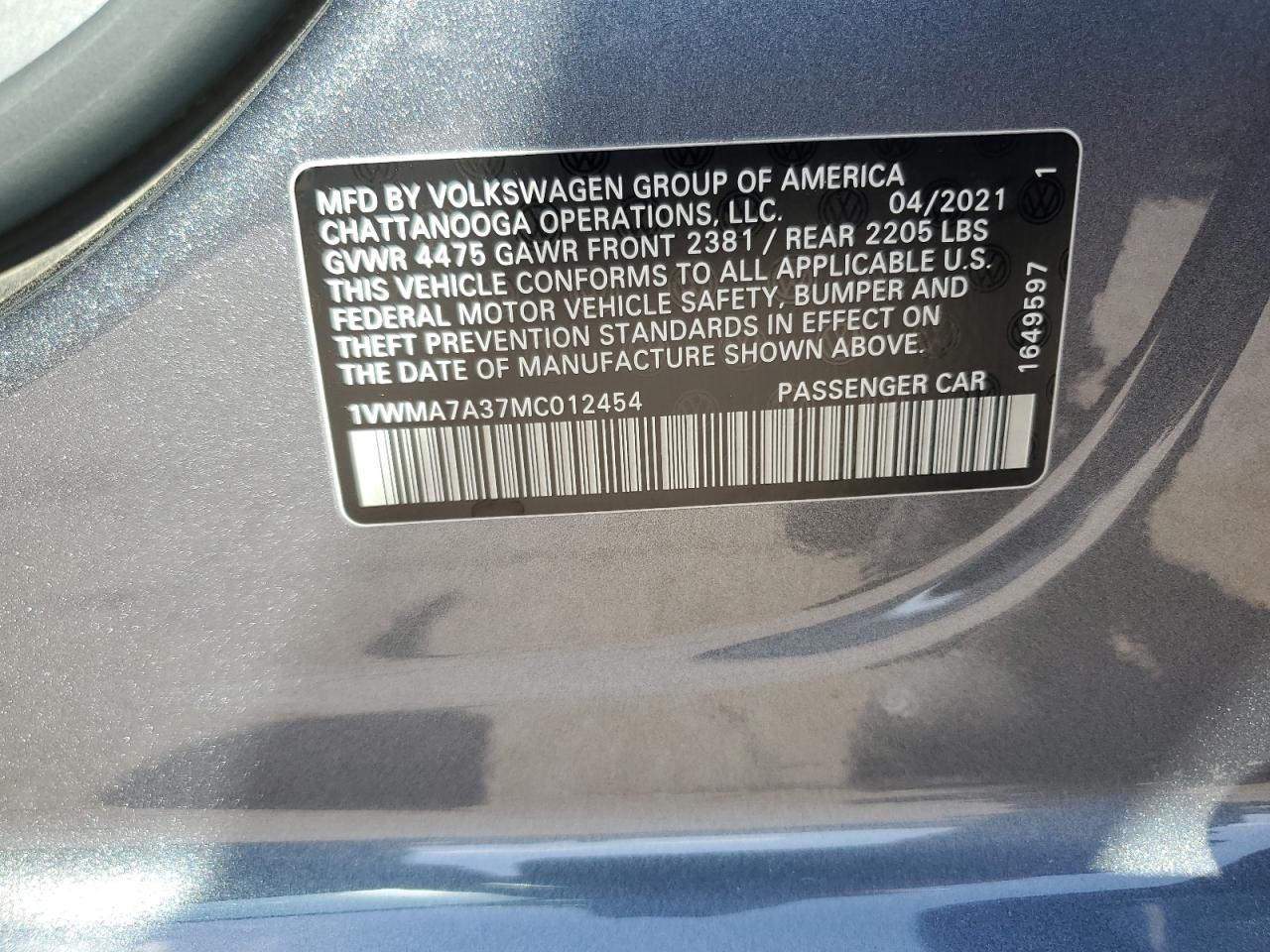 2021 Volkswagen Passat R-Line VIN: 1VWMA7A37MC012454 Lot: 84251895