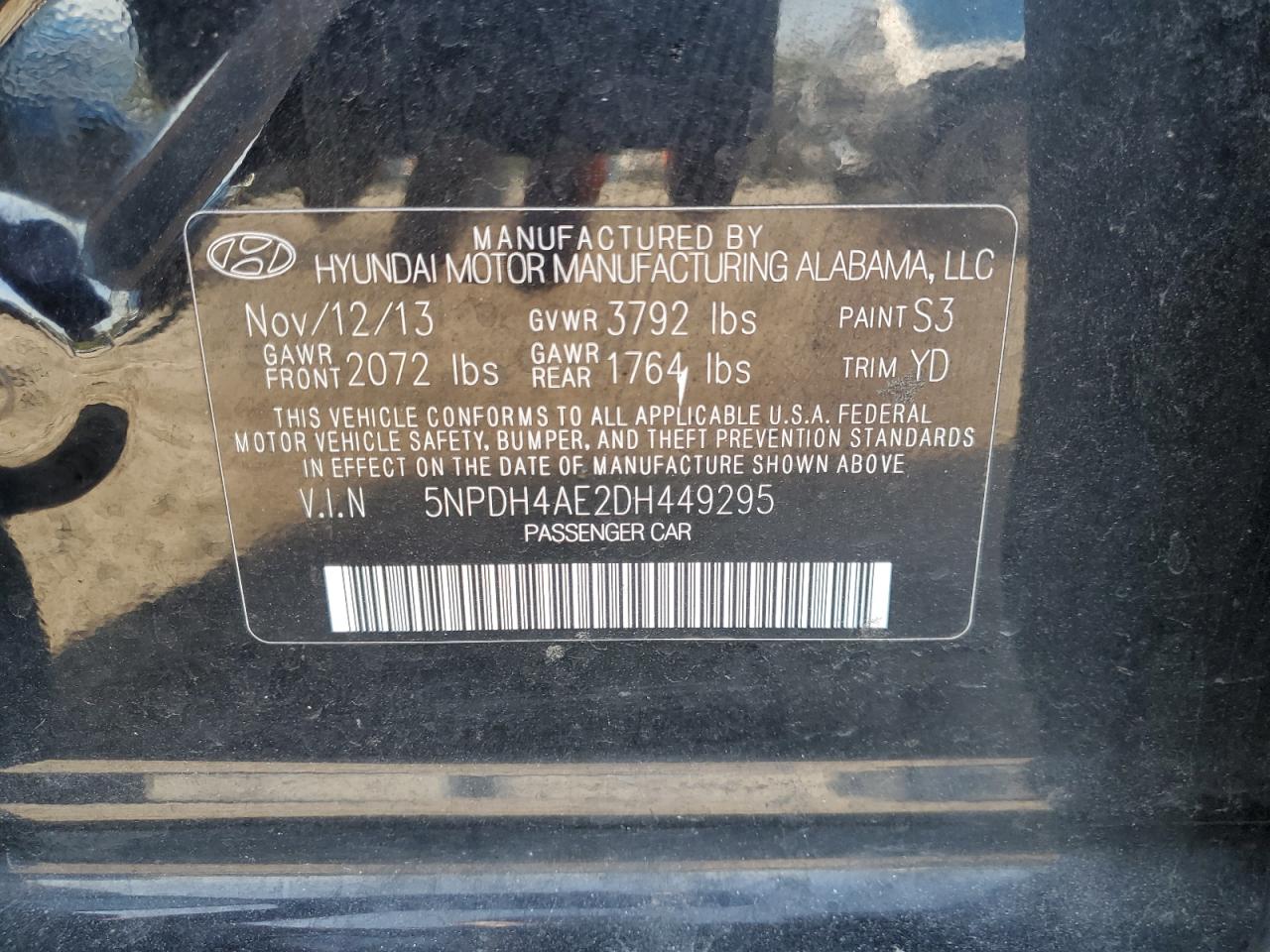 2013 Hyundai Elantra Gls VIN: 5NPDH4AE2DH449295 Lot: 72013695