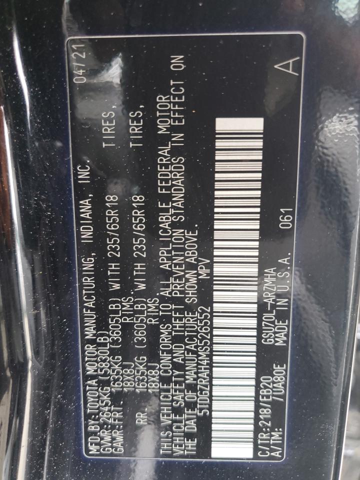 2021 Toyota Highlander Xle VIN: 5TDGZRAH4MS526552 Lot: 80711895