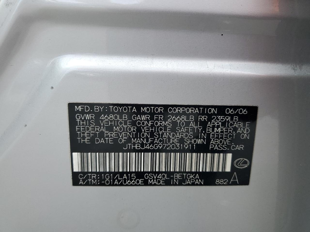 2007 Lexus Es 350 VIN: JTHBJ46G972031911 Lot: 81770225