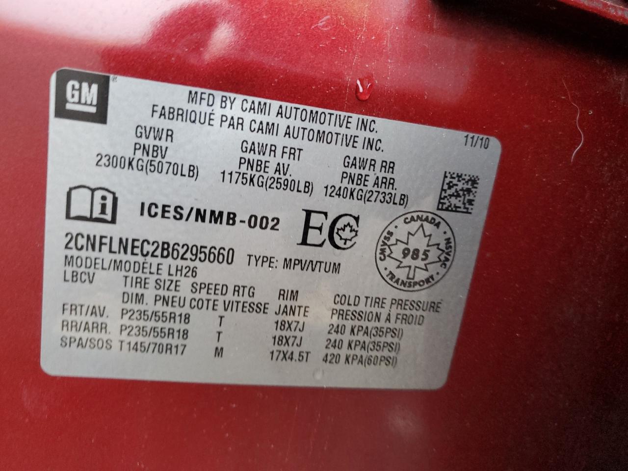 2011 Chevrolet Equinox Lt VIN: 2CNFLNEC2B6295660 Lot: 82056535