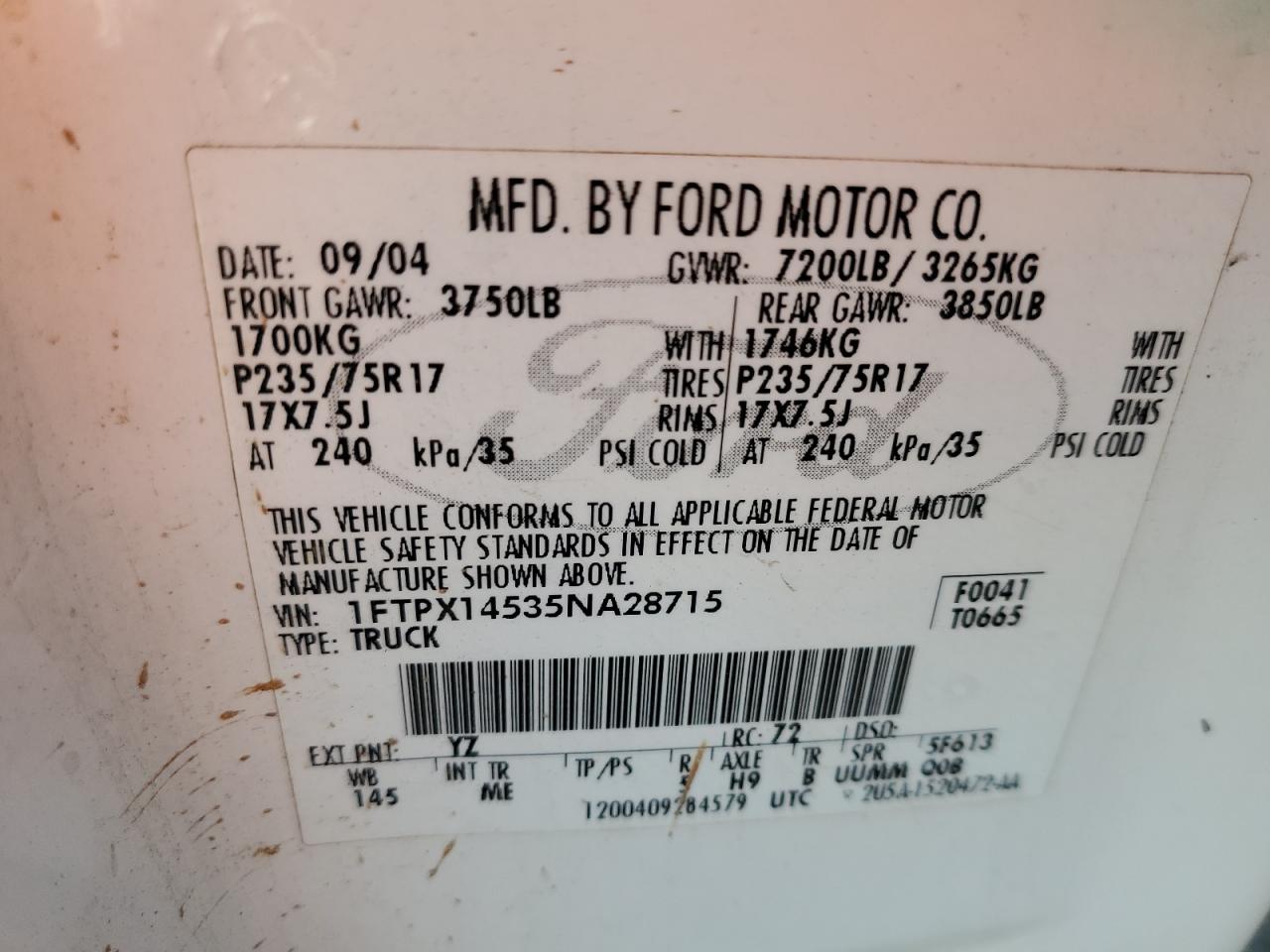 2005 Ford F150 VIN: 1FTPX14535NA28715 Lot: 70924085