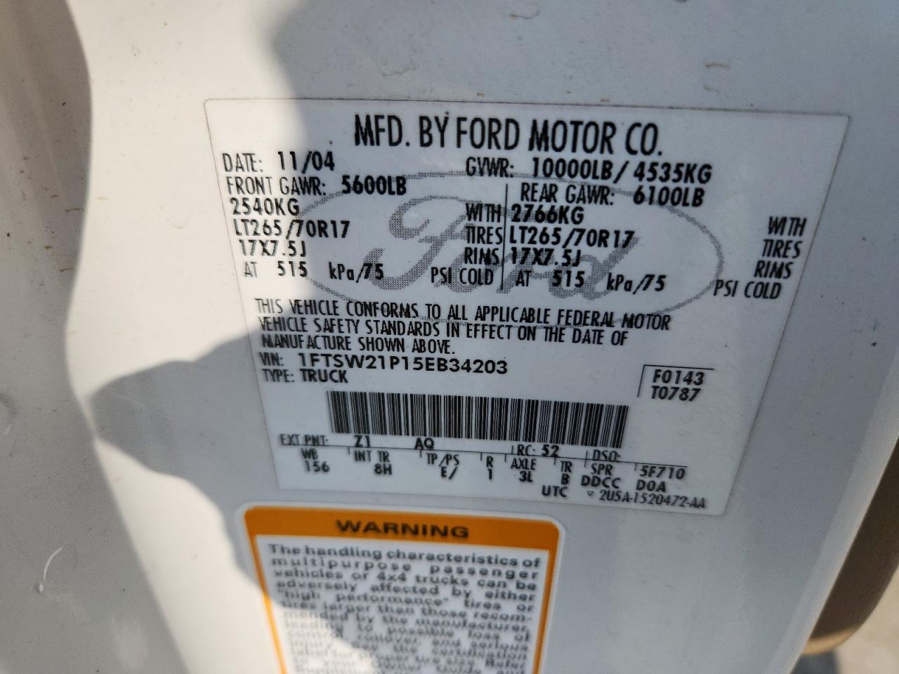 2005 Ford F250 Super Duty VIN: 1FTSW21P15EB34203 Lot: 72097815