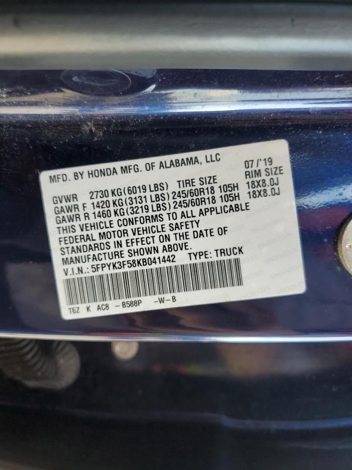 2019 Honda Ridgeline Rtl VIN: 5FPYK3F58KB041442 Lot: 81344025