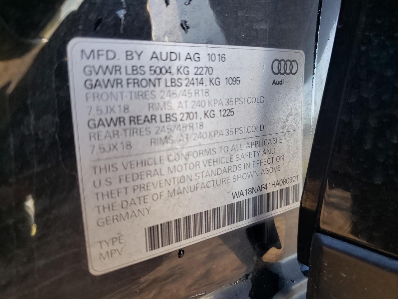 2017 Audi A4 Allroad Premium Plus VIN: WA18NAF41HA080901 Lot: 84185145