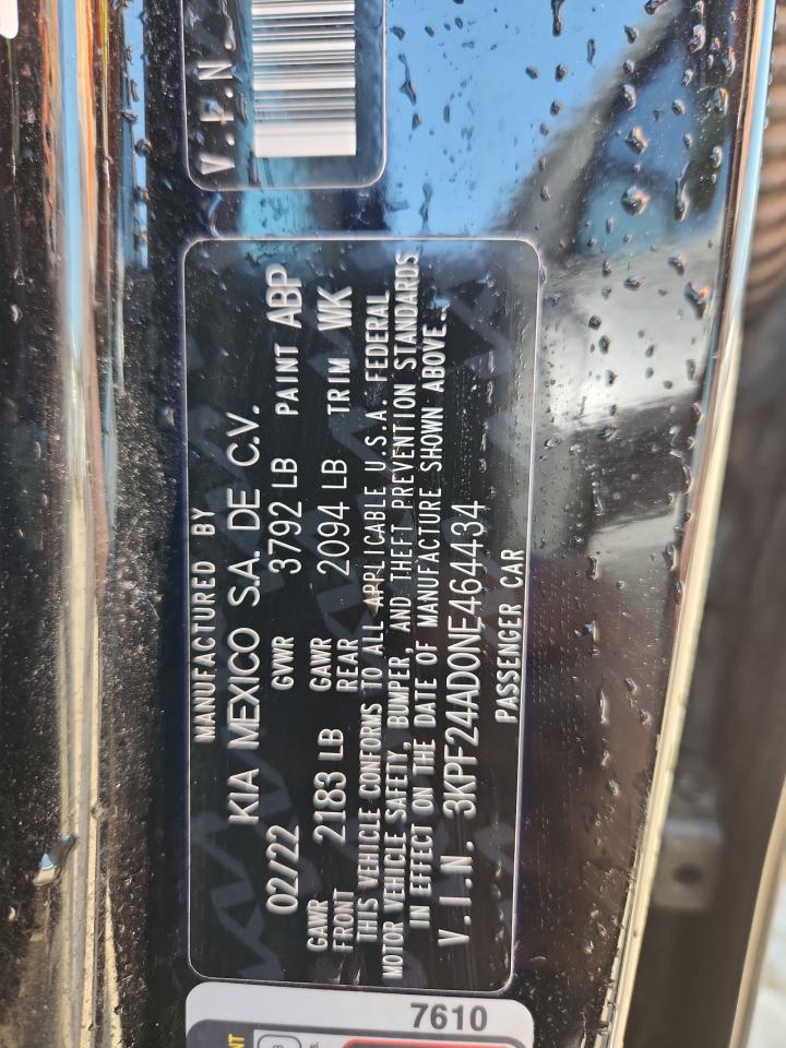 2022 Kia Forte Fe VIN: 3KPF24AD0NE464434 Lot: 71627155