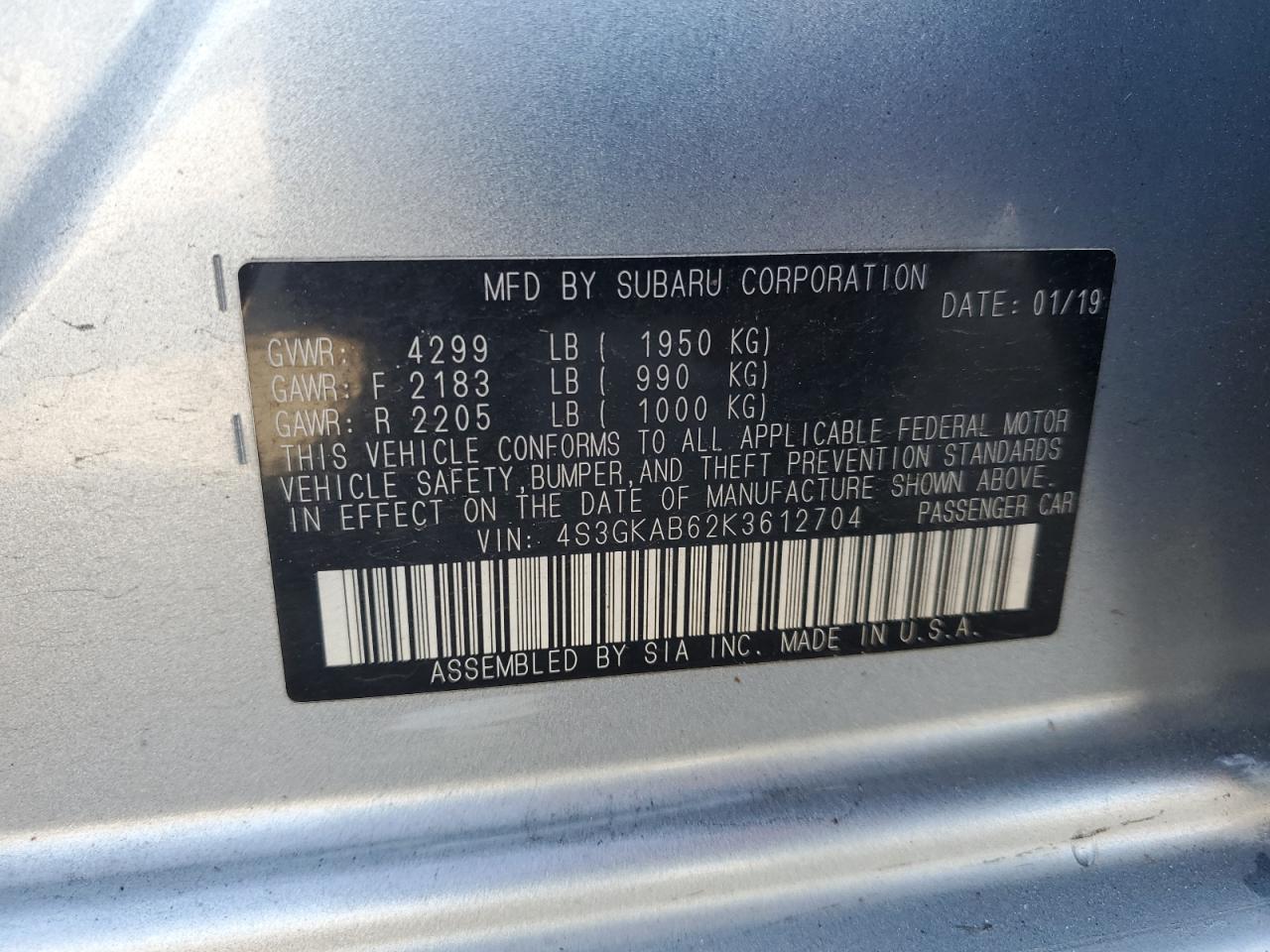 2019 Subaru Impreza VIN: 4S3GKAB62K3612704 Lot: 80090815