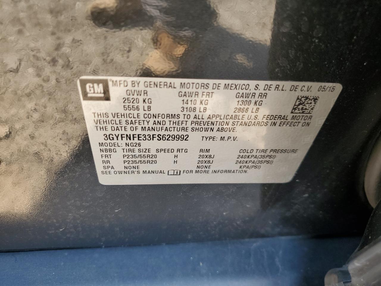 2015 Cadillac Srx Performance Collection VIN: 3GYFNFE33FS629992 Lot: 82061395