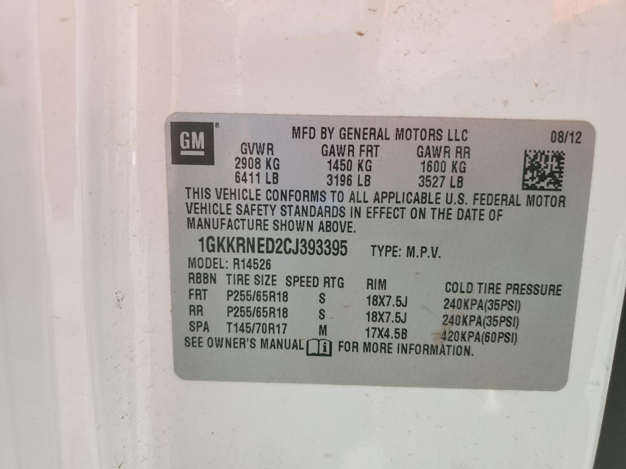 2012 GMC Acadia Sle VIN: 1GKKRNED2CJ393395 Lot: 81780375