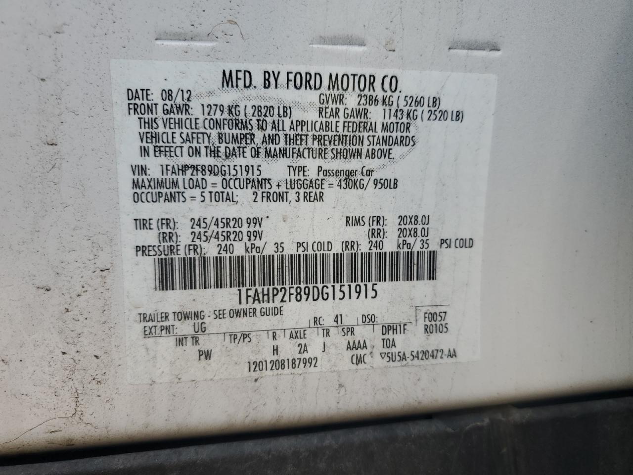 2013 Ford Taurus Limited VIN: 1FAHP2F89DG151915 Lot: 72102625