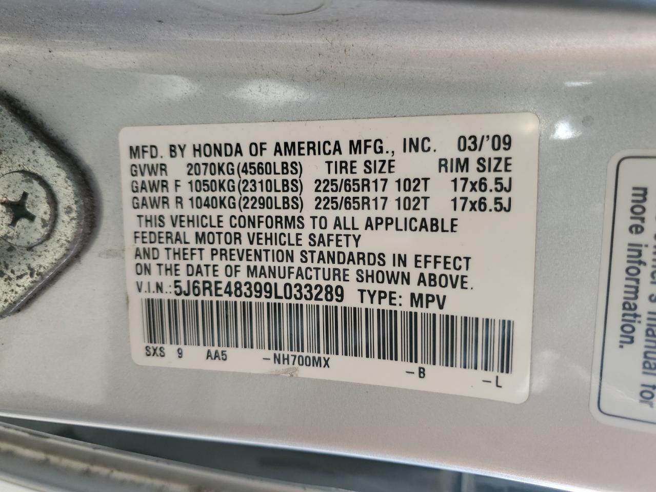 2009 Honda Cr-V Lx VIN: 5J6RE48399L033289 Lot: 81282535