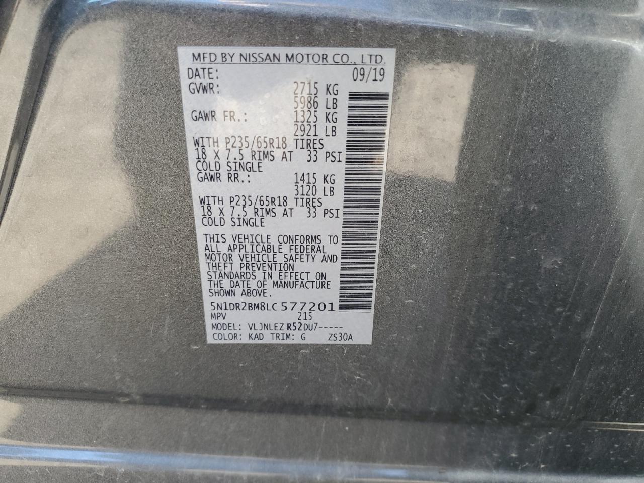 2020 Nissan Pathfinder Sv VIN: 5N1DR2BM8LC577201 Lot: 84726265