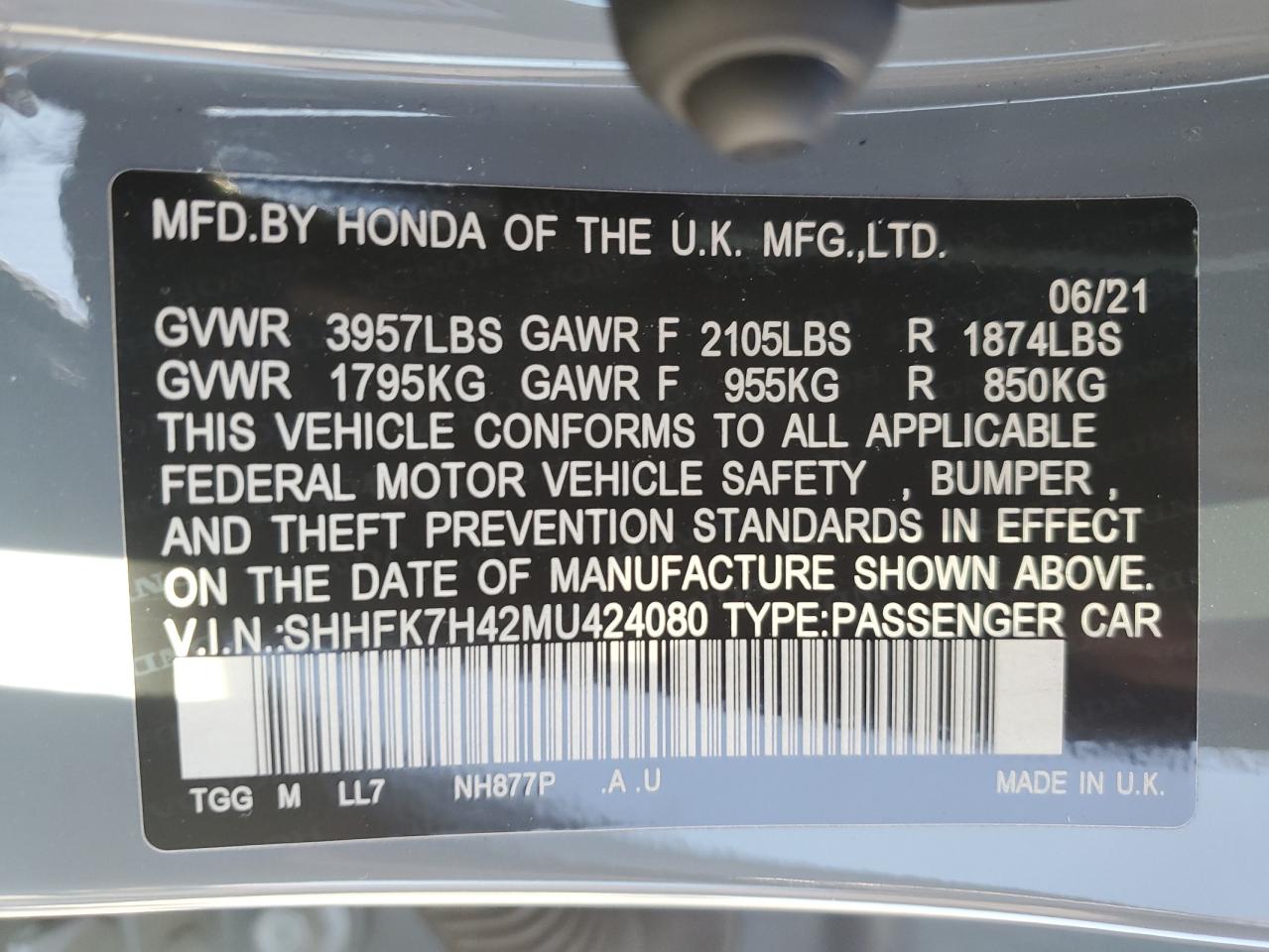 2021 Honda Civic Sport VIN: SHHFK7H42MU424080 Lot: 81795195