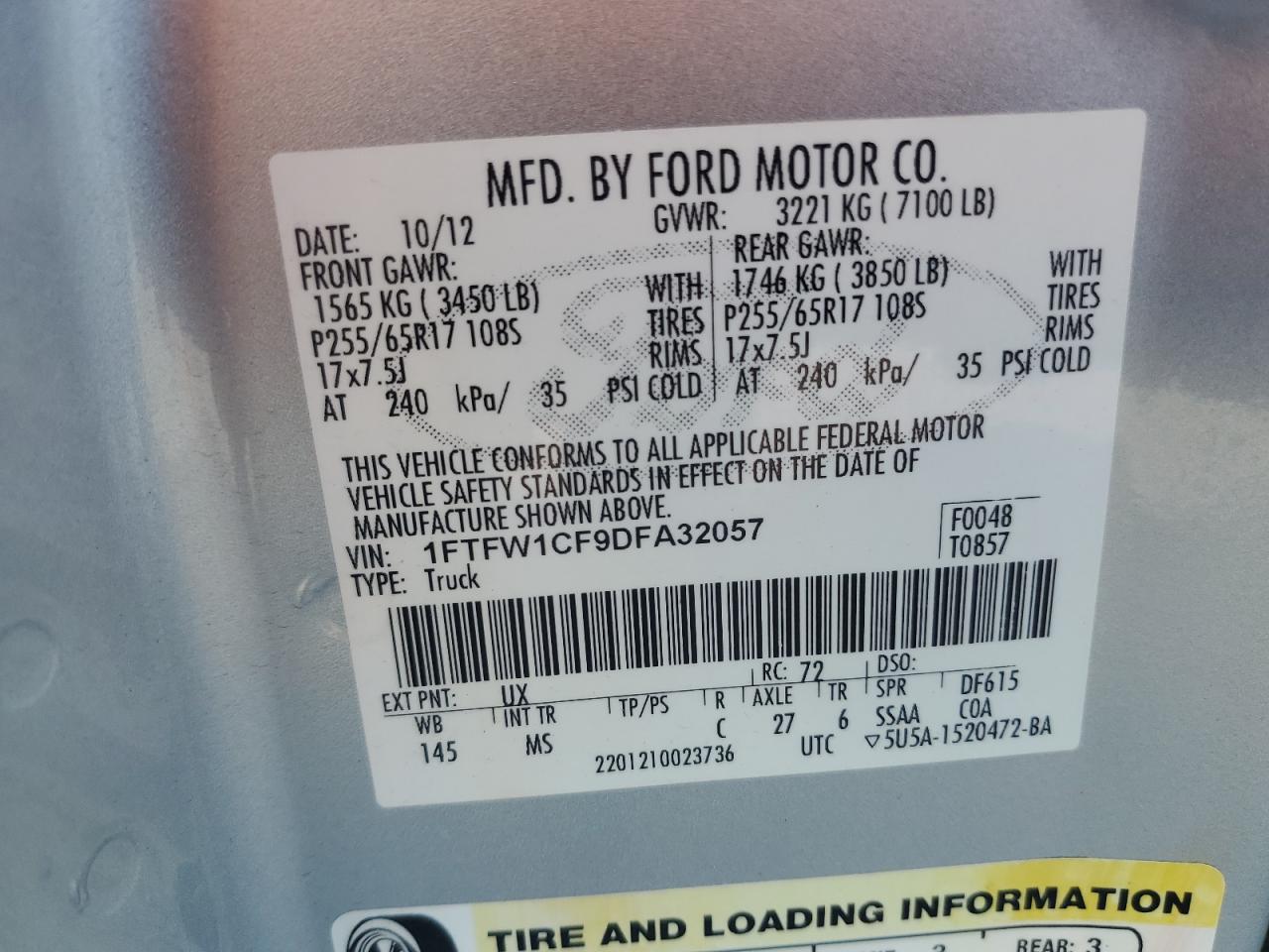 2013 Ford F150 Supercrew VIN: 1FTFW1CF9DFA32057 Lot: 70782325