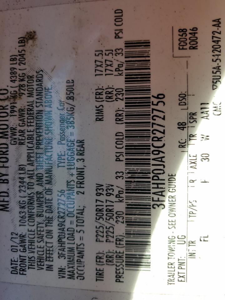 2012 Ford Fusion Sel VIN: 3FAHP0JA9CR272756 Lot: 80791045