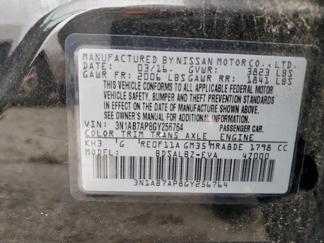 2016 Nissan Sentra S VIN: 3N1AB7AP8GY256764 Lot: 81721085