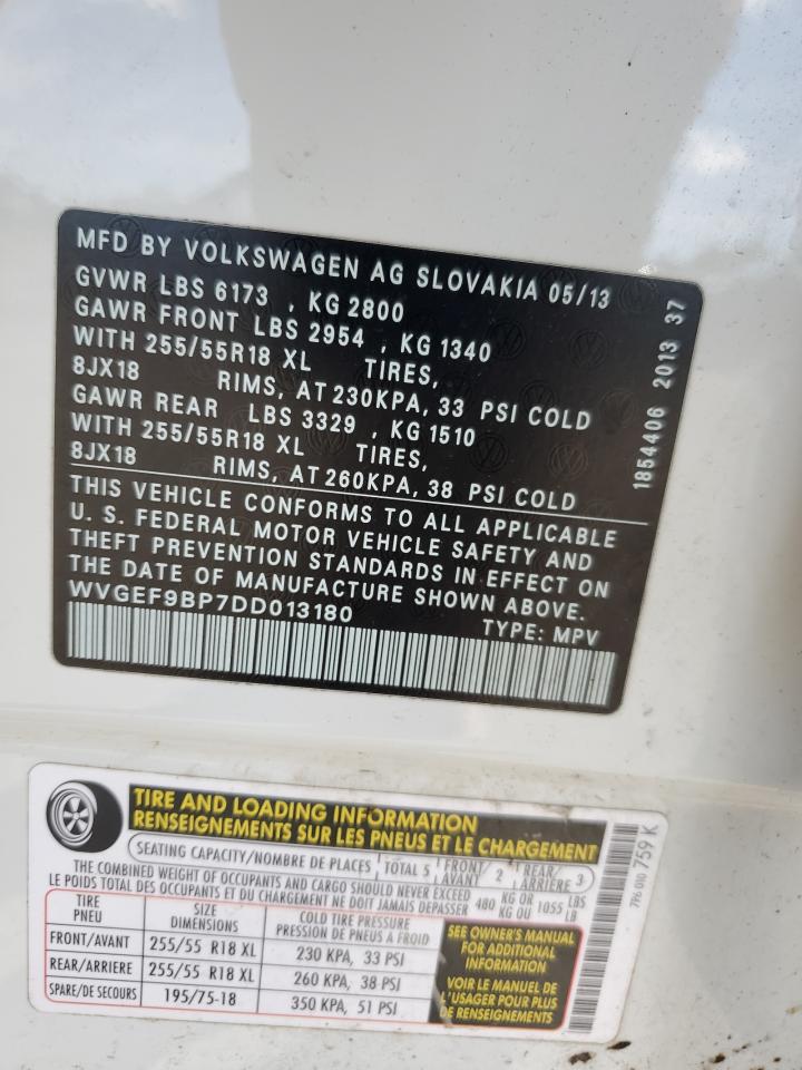 2013 Volkswagen Touareg V6 VIN: WVGEF9BP7DD013180 Lot: 70563125