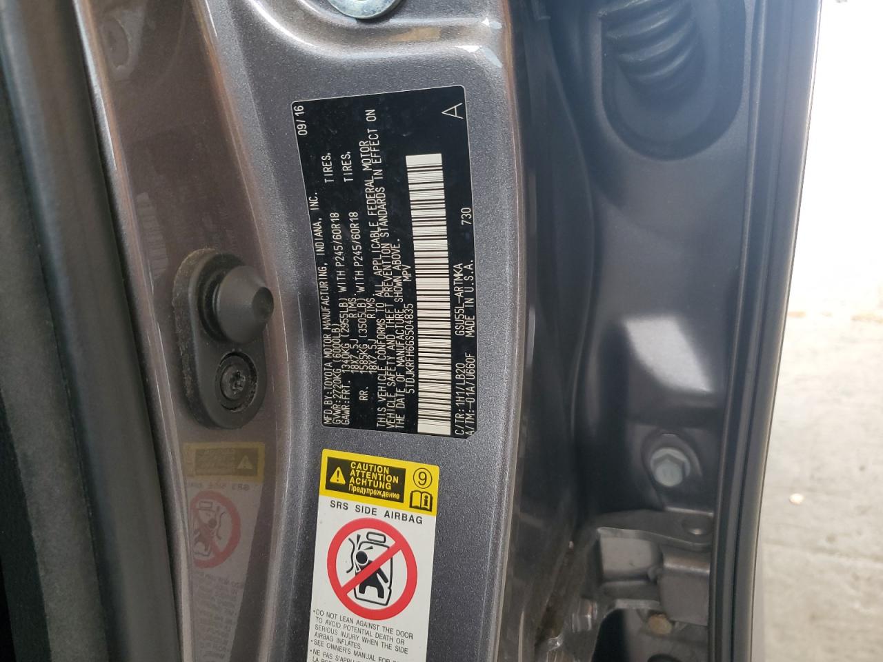 2016 Toyota Highlander Xle VIN: 5TDJKRFH6GS504835 Lot: 81756185