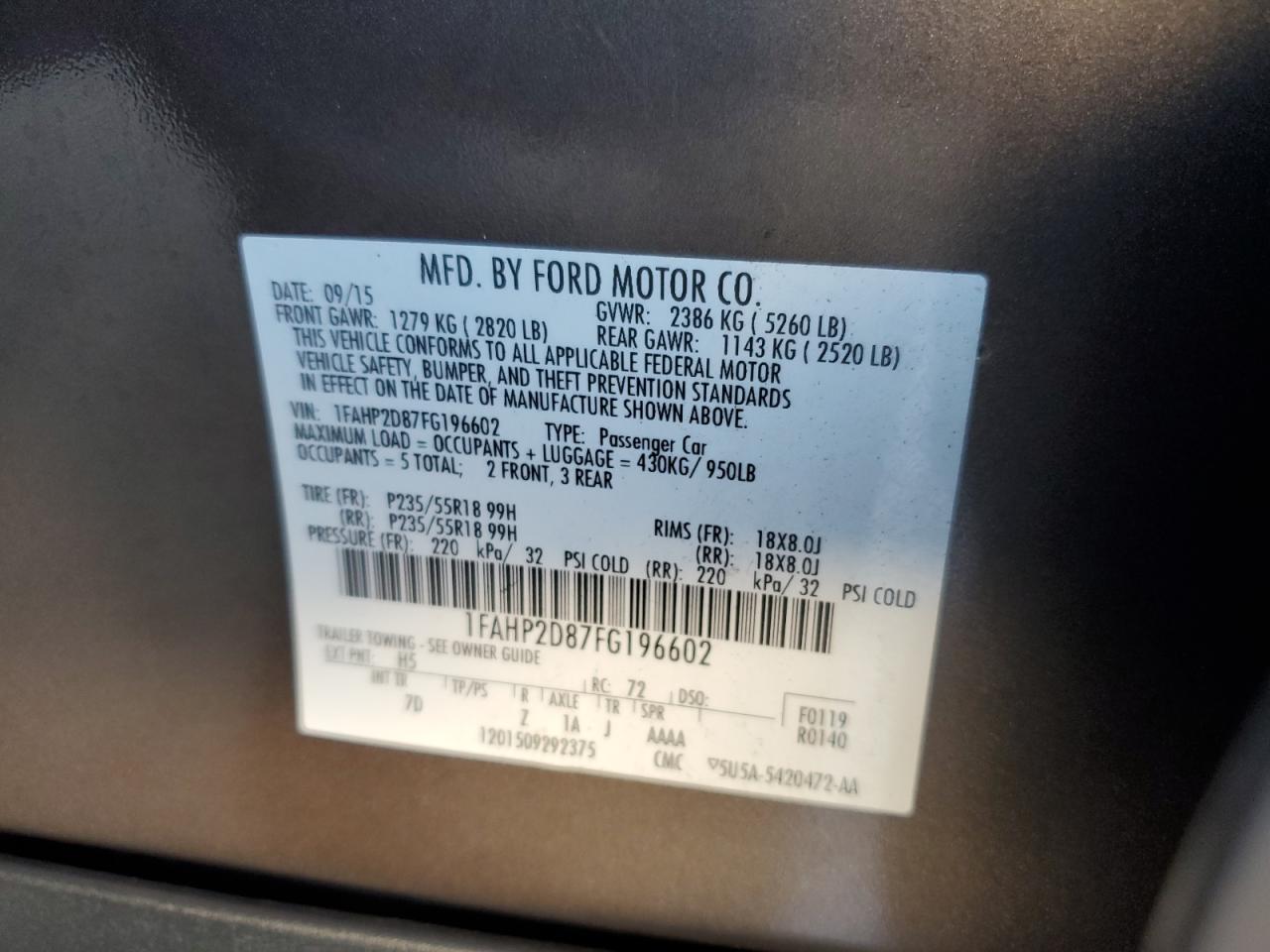 2015 Ford Taurus Se VIN: 1FAHP2D87FG196602 Lot: 81337415