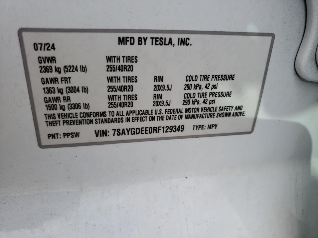 2024 Tesla Model Y VIN: 7SAYGDEE0RF129349 Lot: 81783765