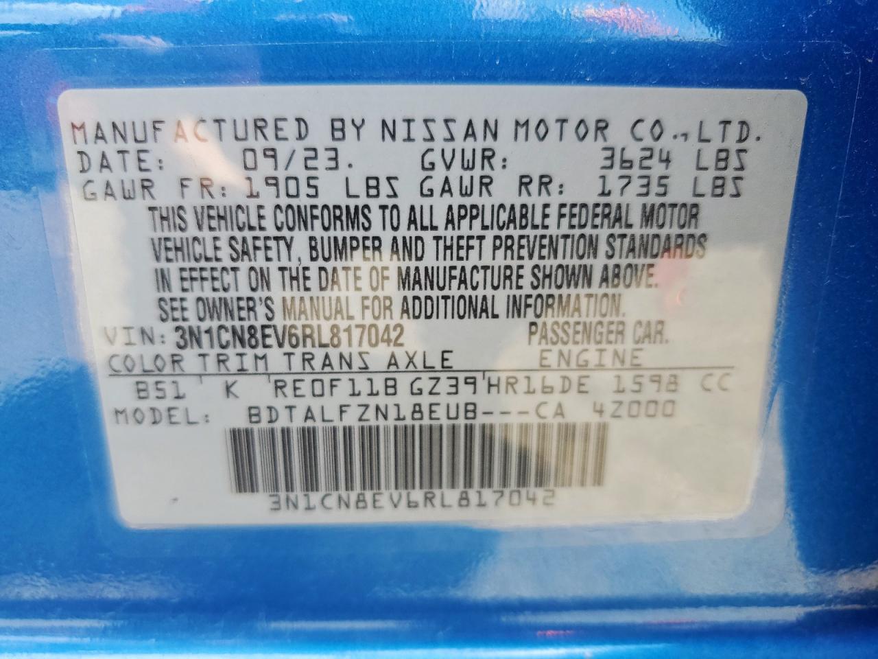 2024 Nissan Versa Sv VIN: 3N1CN8EV6RL817042 Lot: 84431535