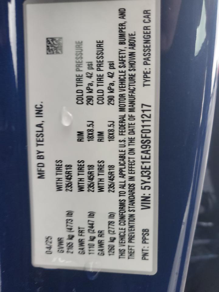 2025 Tesla Model 3 VIN: 5YJ3E1EA9SF011217 Lot: 81714555