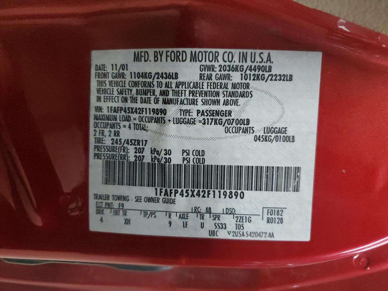 2002 Ford Mustang Gt VIN: 1FAFP45X42F119890 Lot: 81898305