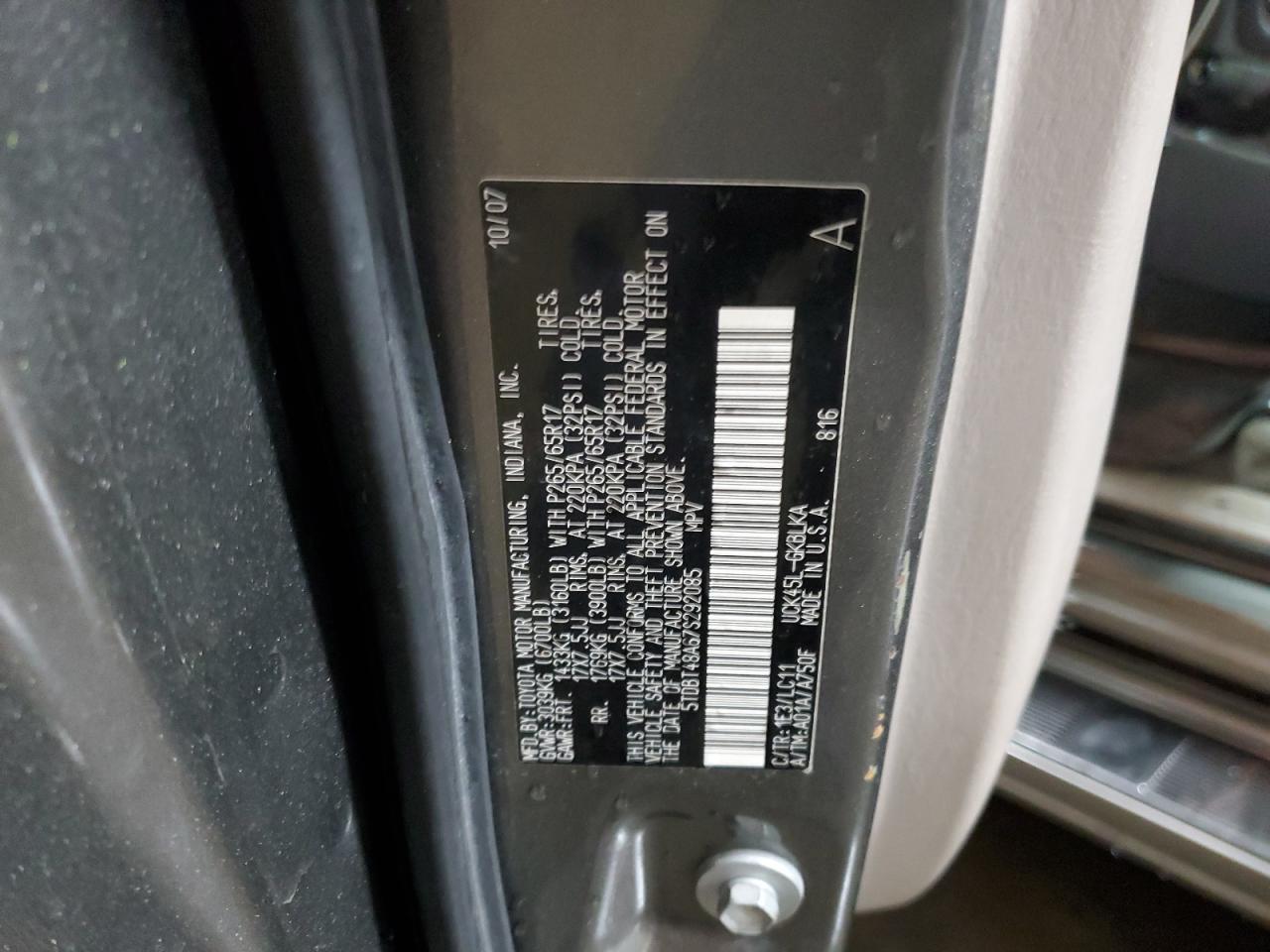 2007 Toyota Sequoia Limited VIN: 5TDBT48A67S292085 Lot: 81130145